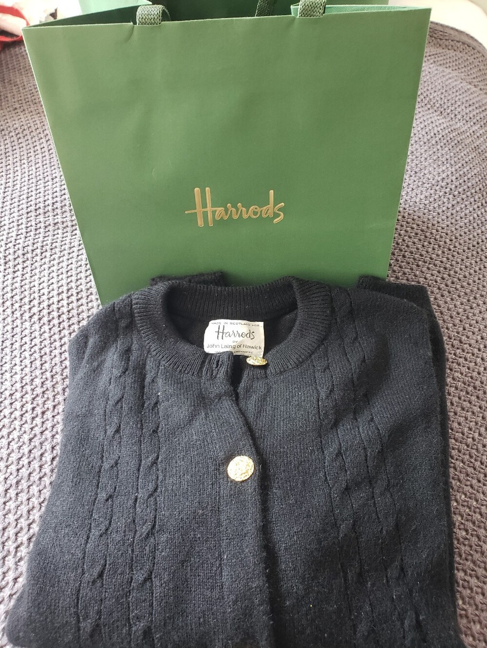 Harrods Vintage Black Cashmere Cable Cardigan Sweater And HARRODS bag